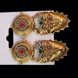 Vintage Jeweled Aztec Mask Clip Earrings